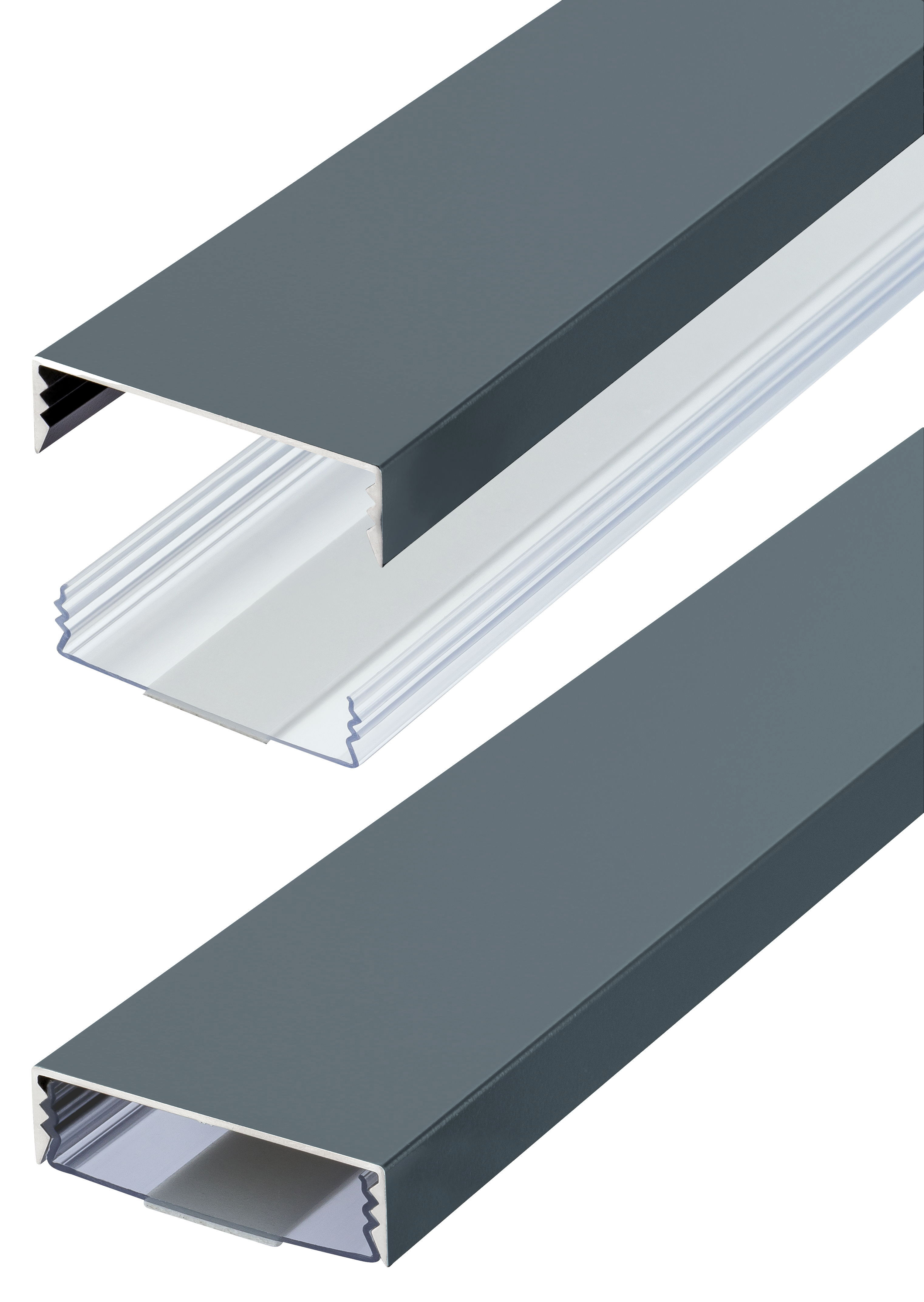 Der flache 50mm Kabelkanal in Anthrazit seidenmatt RAL7016 lackiert und der transparente Kabelschacht