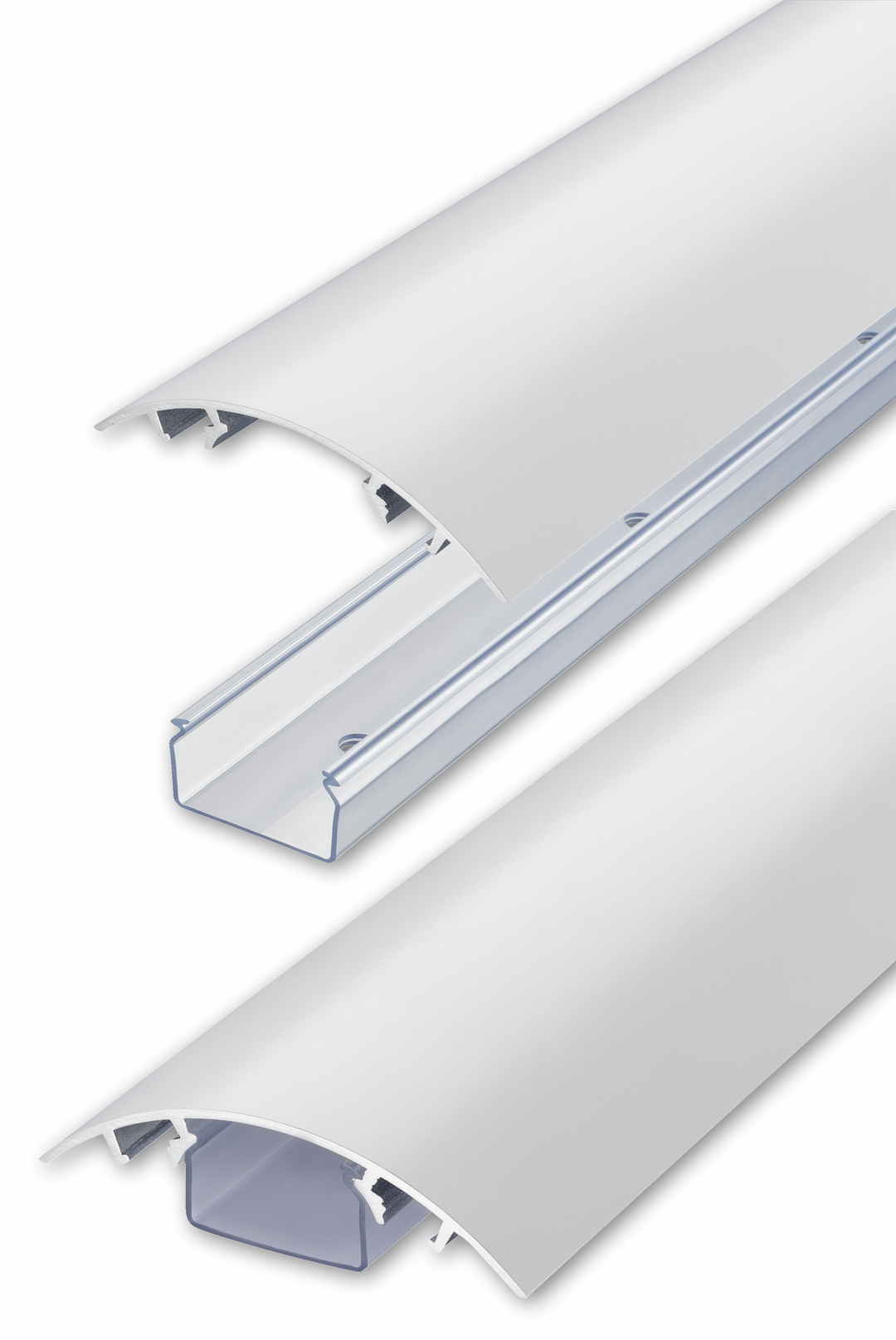 Der 80mm Kabelkanal aus Aluminium in Weiss matt RAL9003 lackiert und der transparente Kabelschacht