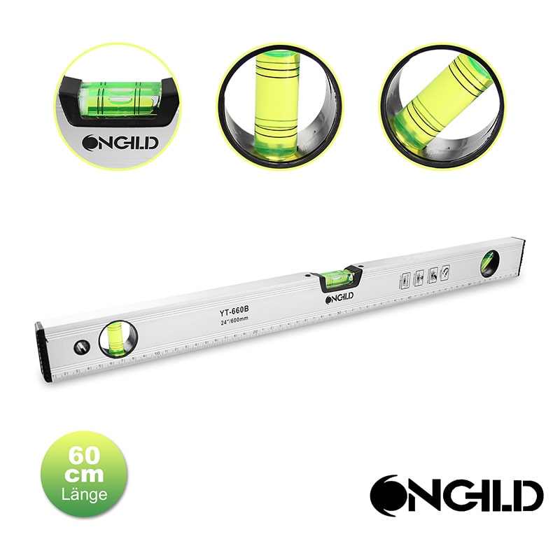 Die 60cm lange Wasserwaage besitzt drei Libellen und ist zur horizontalen, vertikalen und diagonalen Ausrichtung geeignet