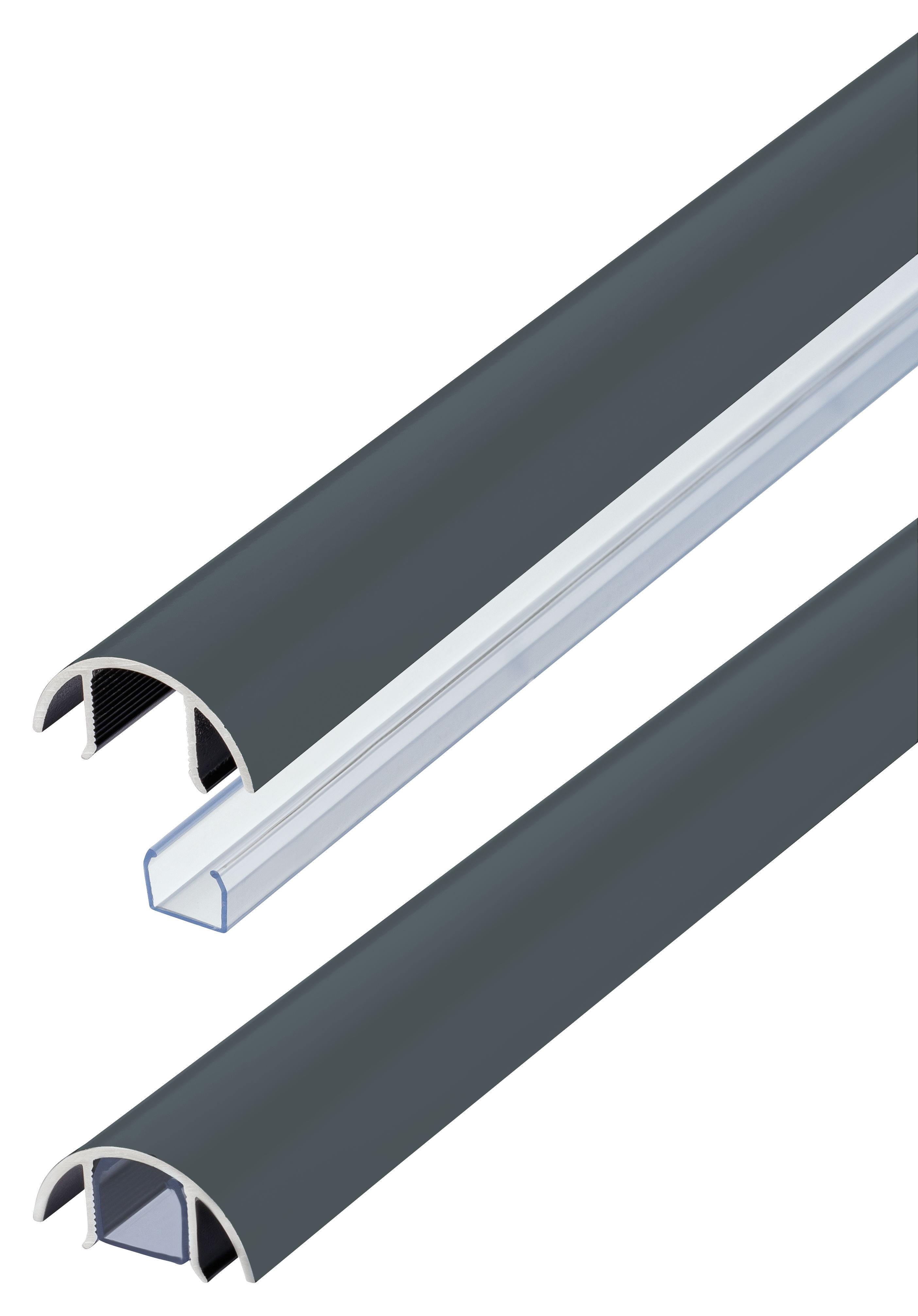 Der Mini 30mm Kabelkanal in Anthrazit seidenmatt RAL7016 lackiert und der transparente Kabelschacht