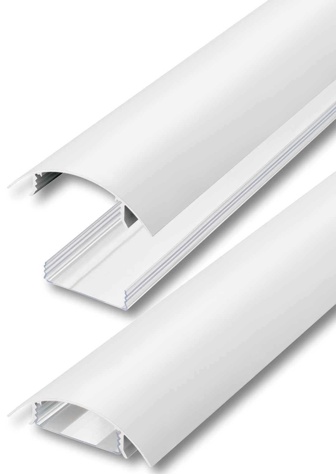 Der TV80 Kabelkanal aus Aluminium in Weiss matt RAL9003 lackiert und der transparente Kabelschacht