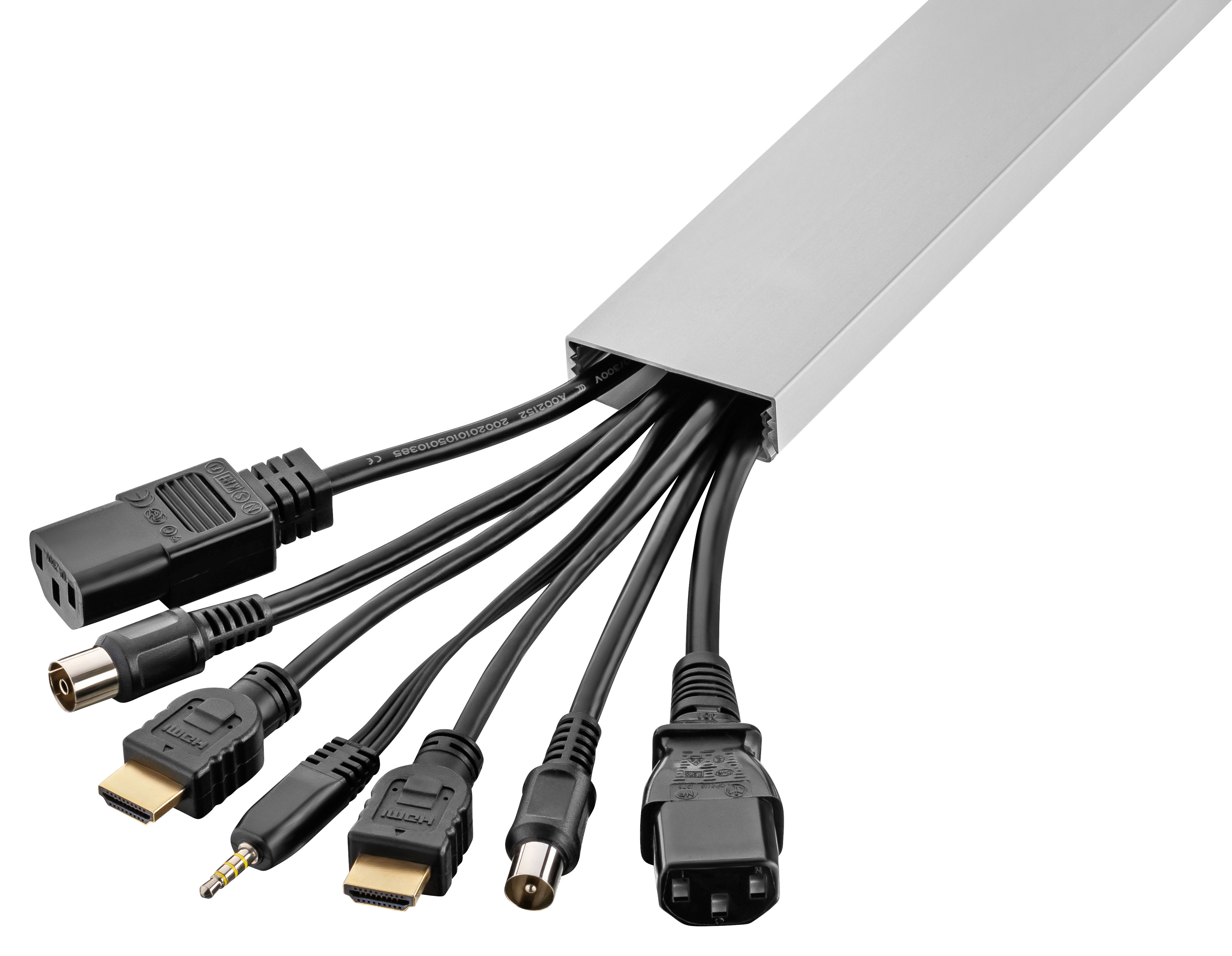 Anwendungsbeispiel für das Verstecken von bis zu 8 Kabeln im flachen 50mm Kabelkanal von Alunovo