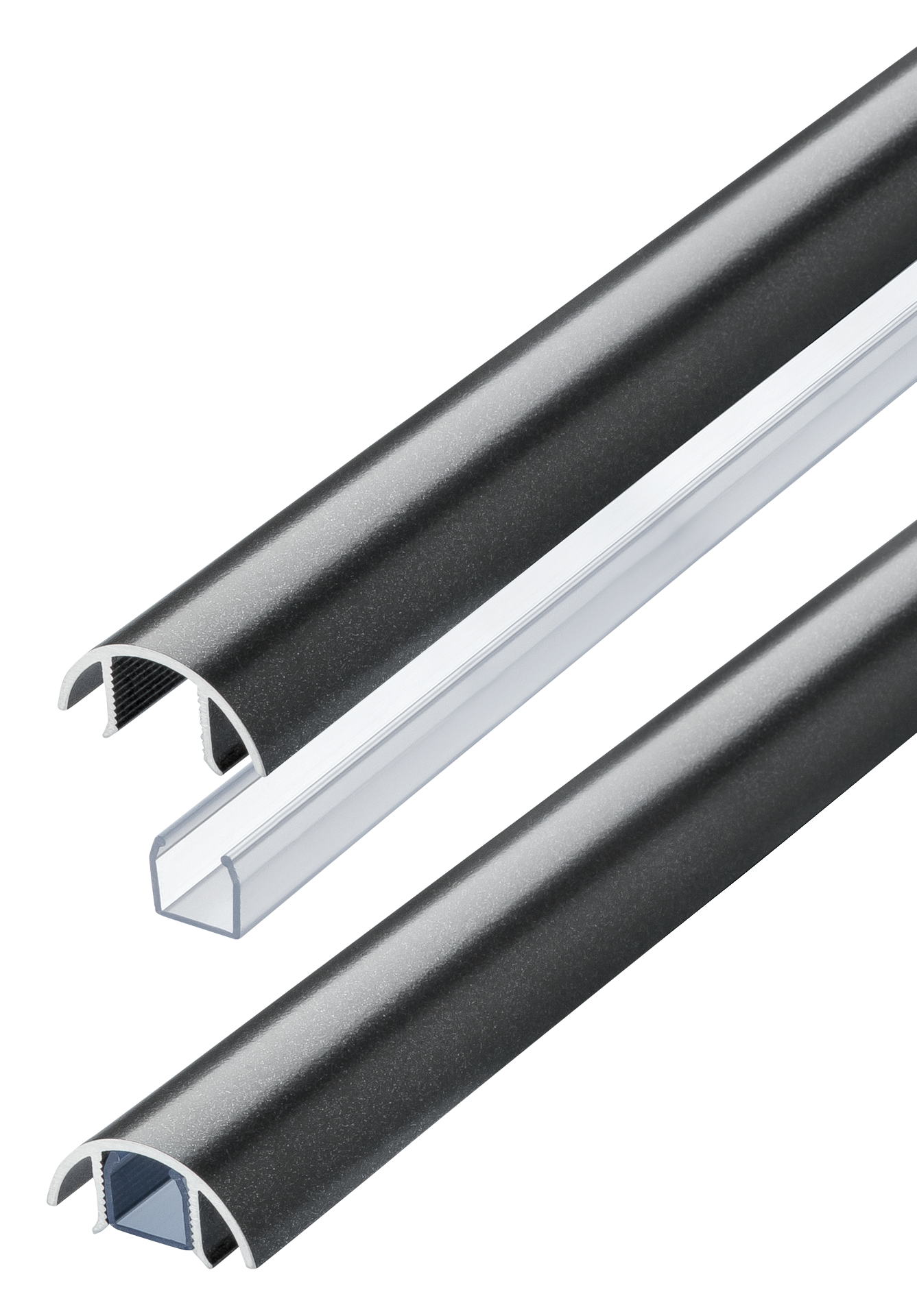 Der Mini 30mm Kabelkanal in Titanium seidenmatt metallic lackiert und der transparente Kabelschacht