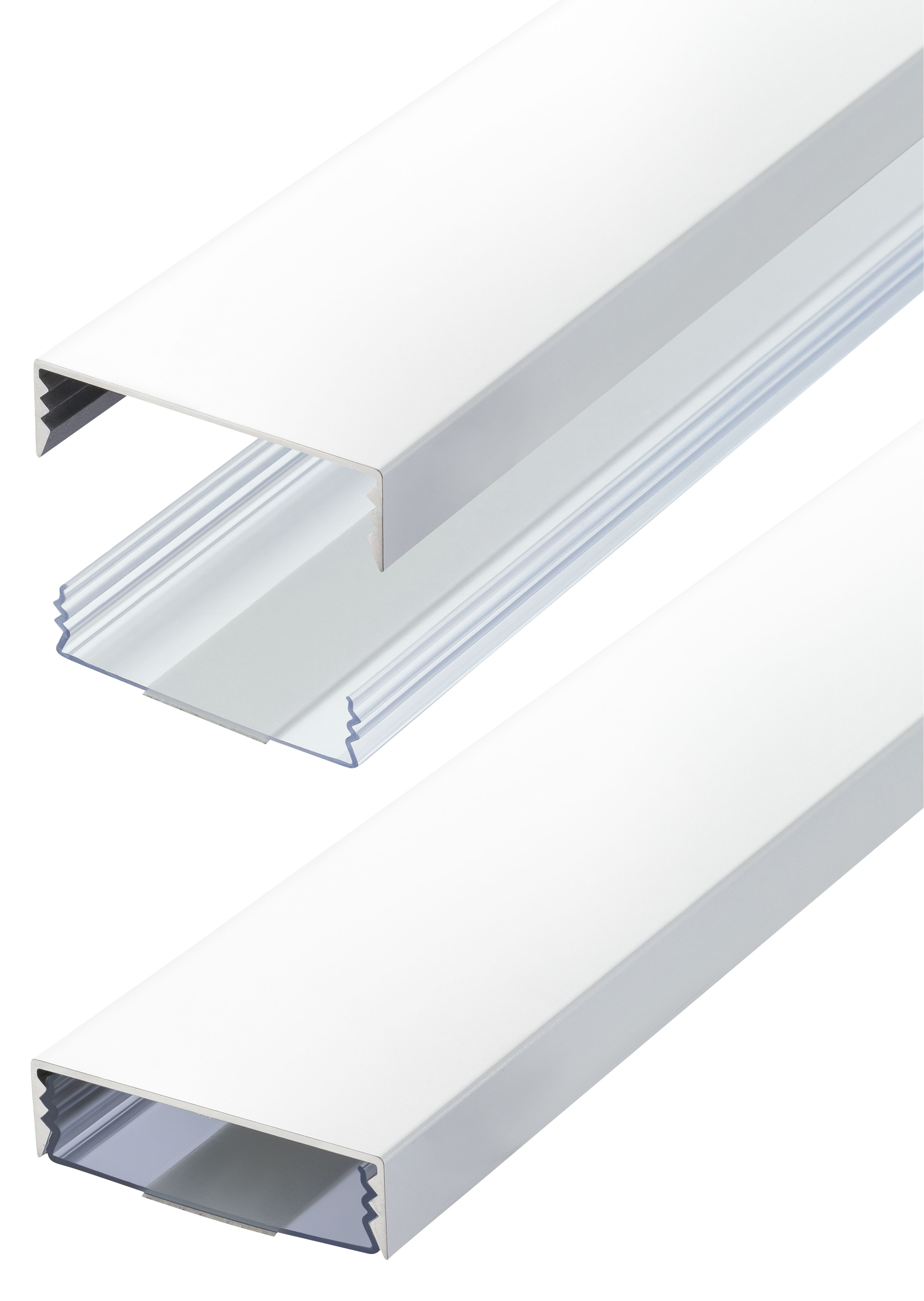 Der flache 50mm Kabelkanal in Weiss matt RAL9003 lackiert und der transparente Kabelschacht