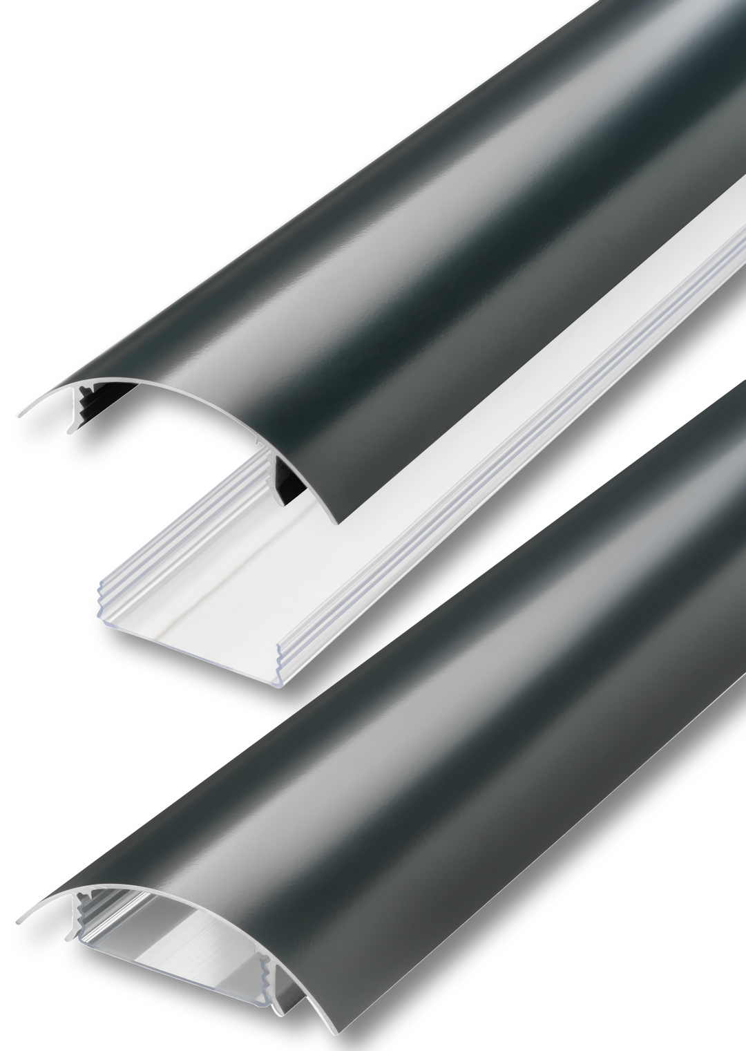 Der TV80 Kabelkanal aus Aluminium in Anthrazit seidenmatt RAL7016 lackiert und der transparente Kabelschacht