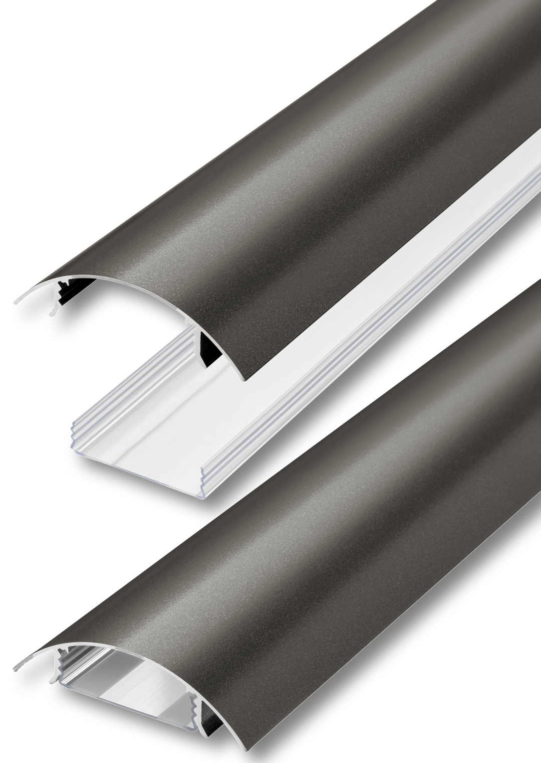 Der TV80 Kabelkanal aus Aluminium in Titanium seidenmatt metallic lackiert und der transparente Kabelschacht