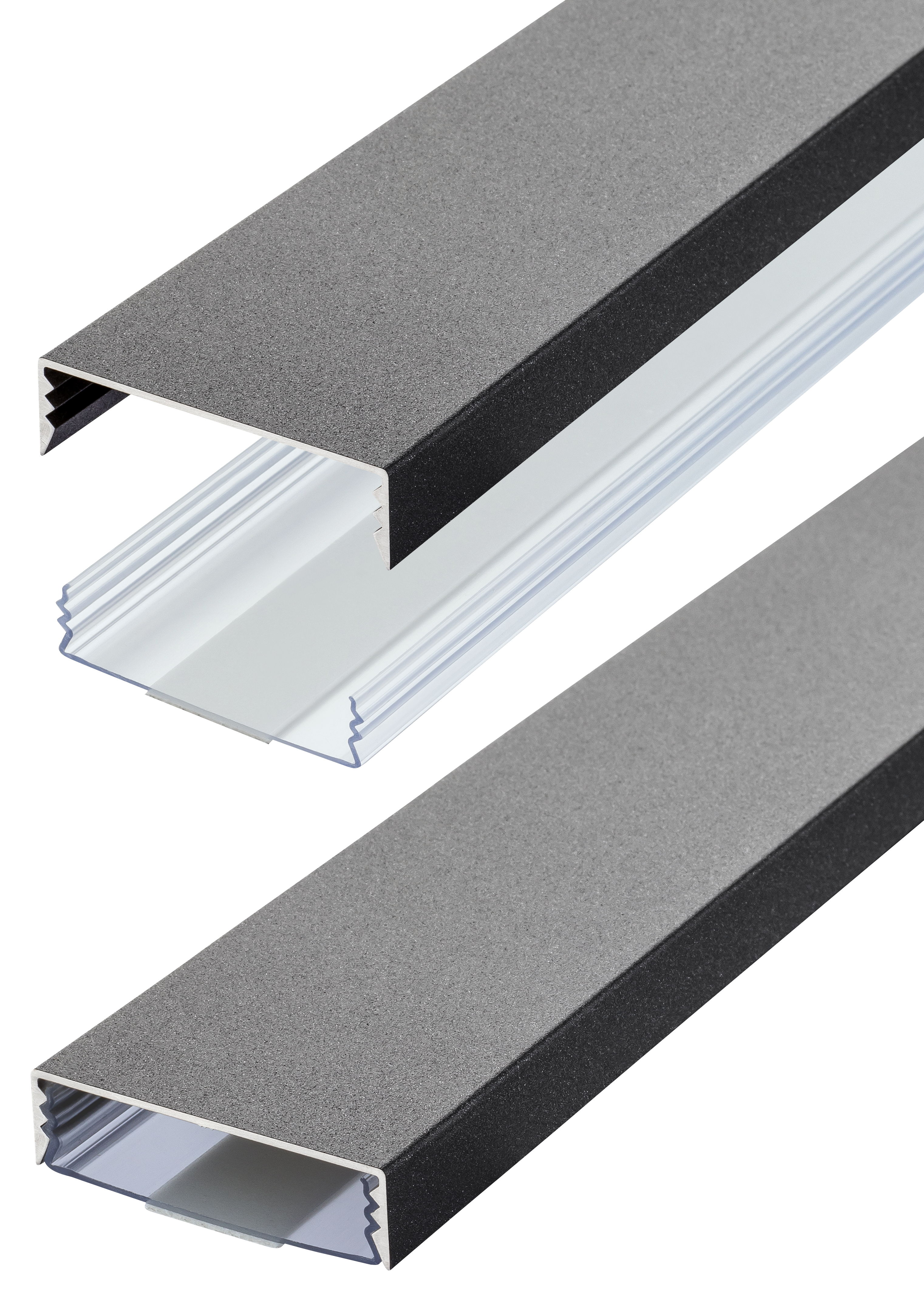 Der flache 50mm Kabelkanal in Gusseisen Feinstruktur lackiert und der transparente Kabelschacht